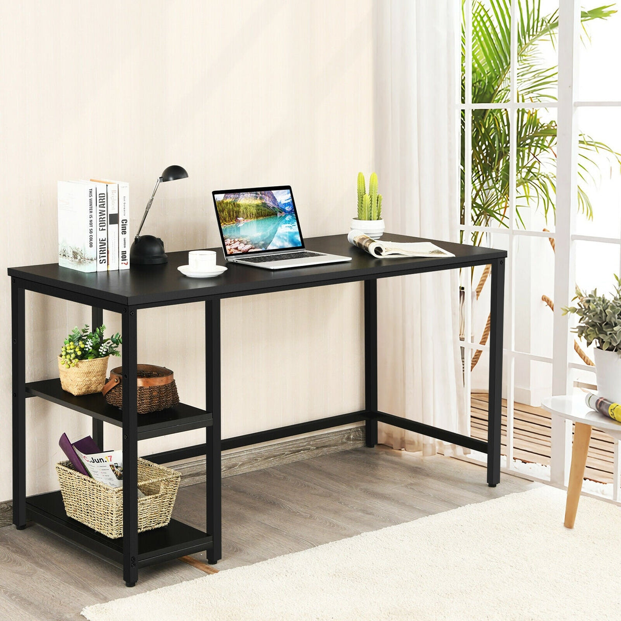 Escritorio de ordenador de 47 pulgadas, mesa de estudio, estación de trabajo para el hogar con estante ajustable, negro