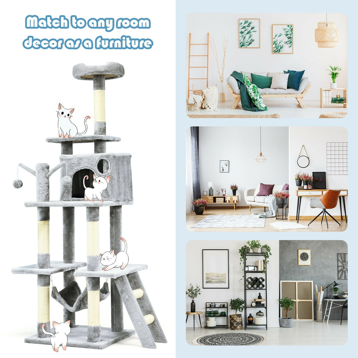 Árbol para gatos de 66 pulgadas, condominio, centro de actividades multinivel para gatitos - Gris