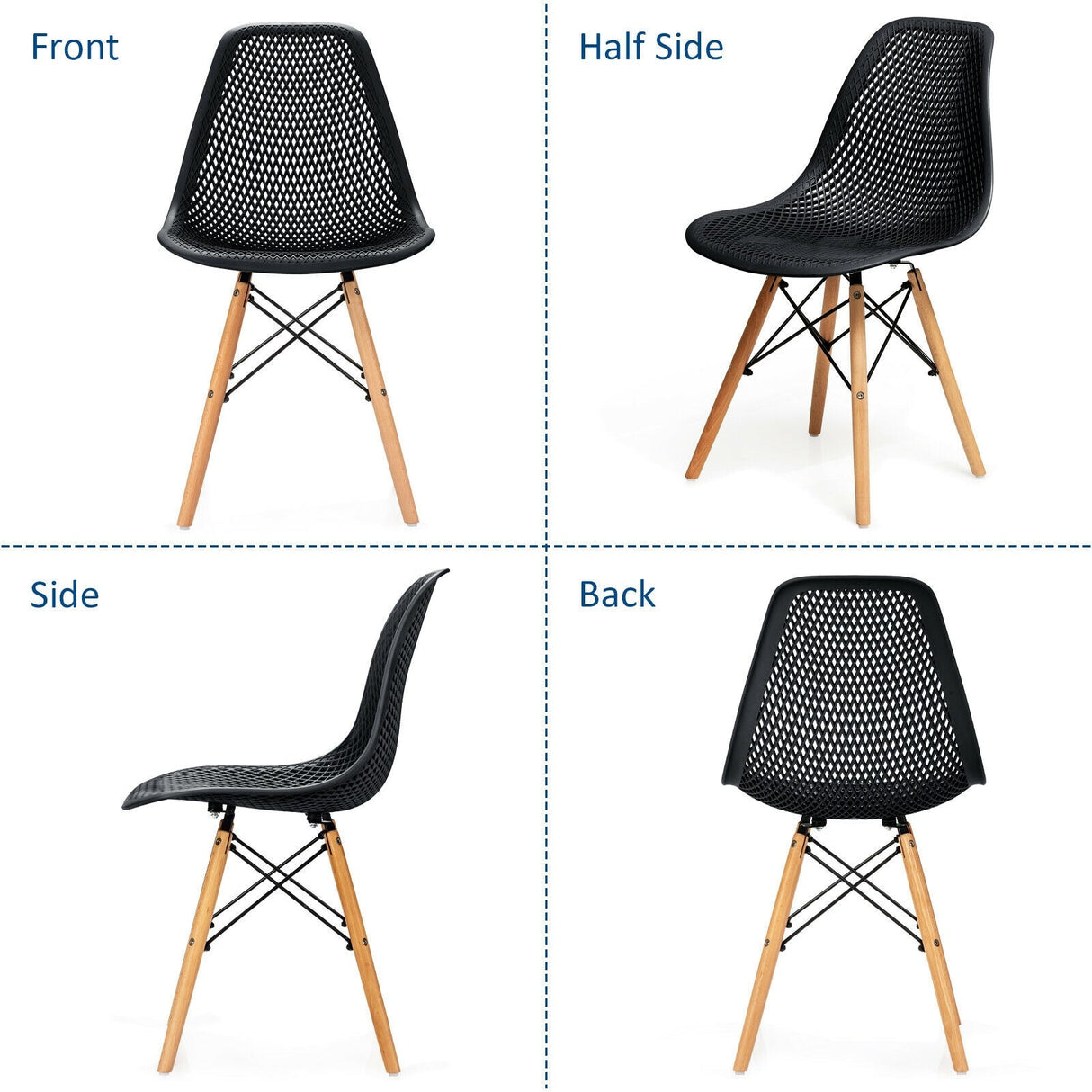 Juego de 4 sillas de plástico modernas con diseño calado y patas de madera