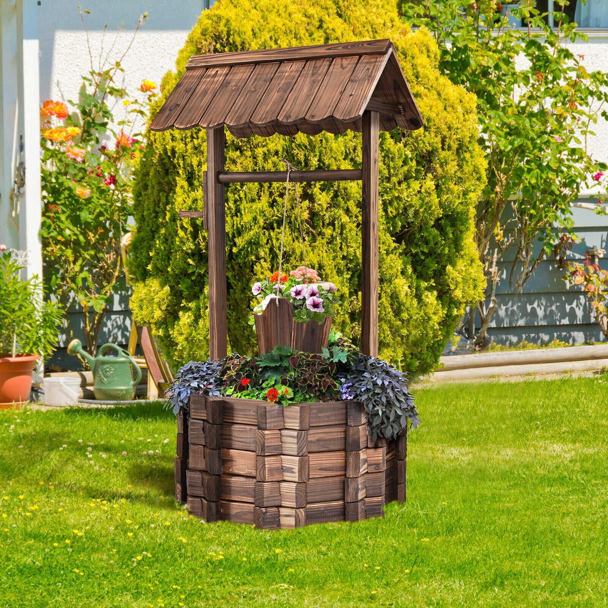 Cubo/Maceta decorativa de madera para jardín con pozo de los deseos