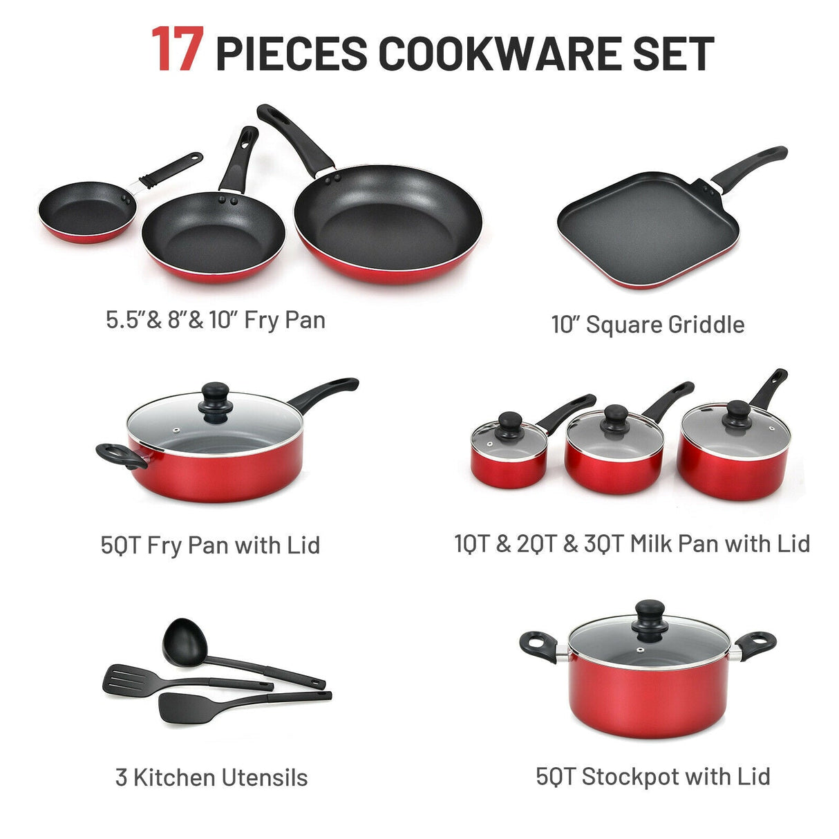 Juego de ollas y sartenes de cocina antiadherentes anodizado duro de 17 piezas