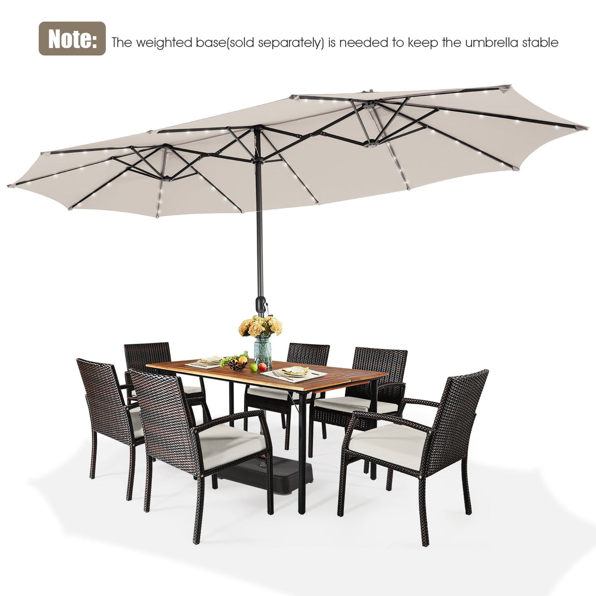Sombrilla doble de patio de 15 pies con 48 luces LED solares