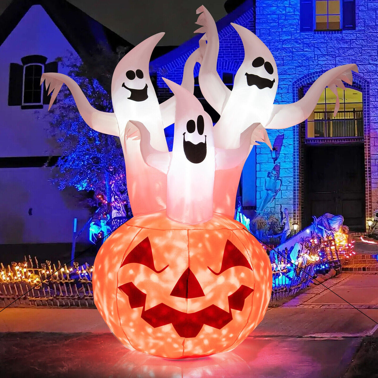 Fantasma inflable de Halloween de 6 pies con decoración de calabaza y lámpara giratoria