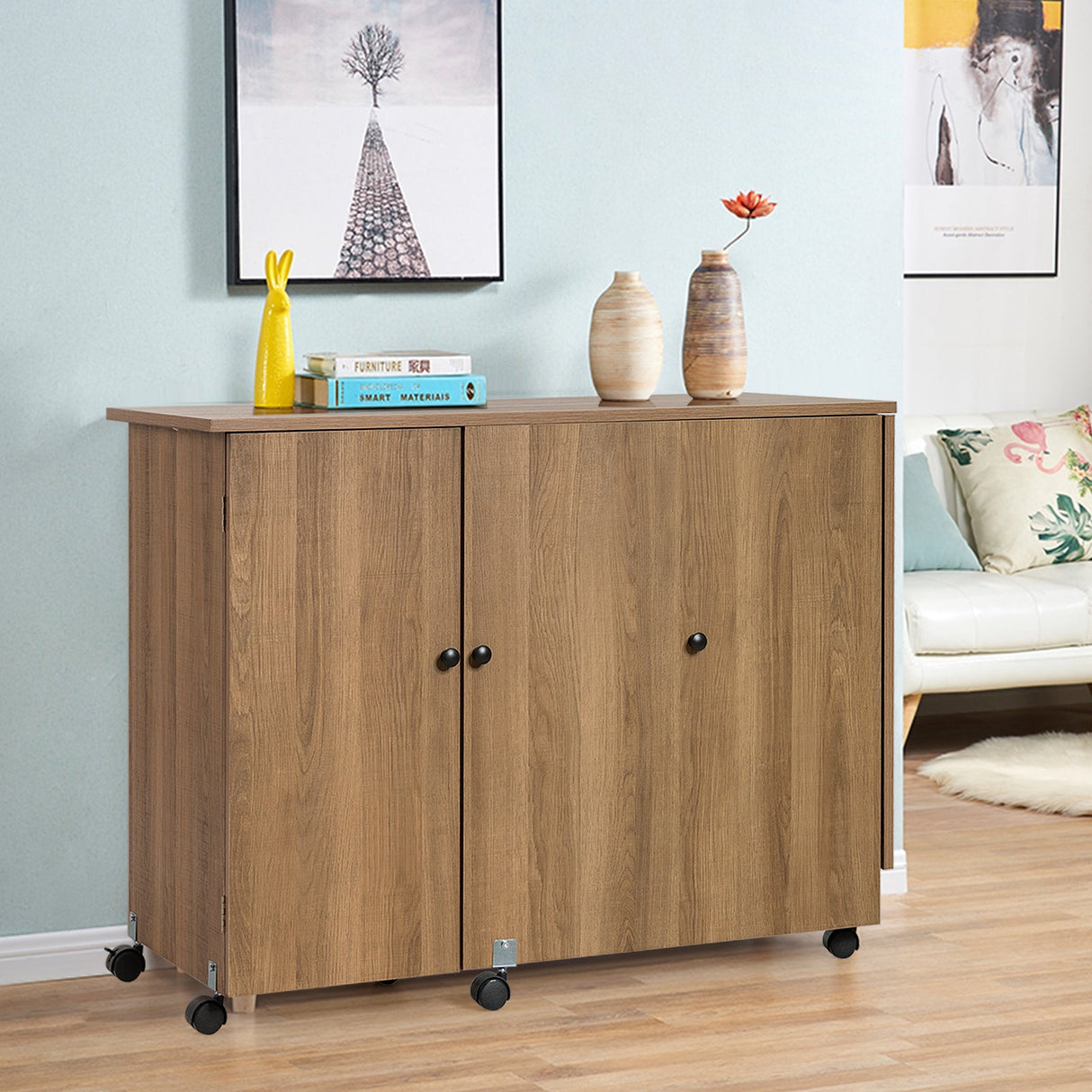 Mesa de costura plegable, estantes, mueble de almacenamiento, carrito artesanal con ruedas