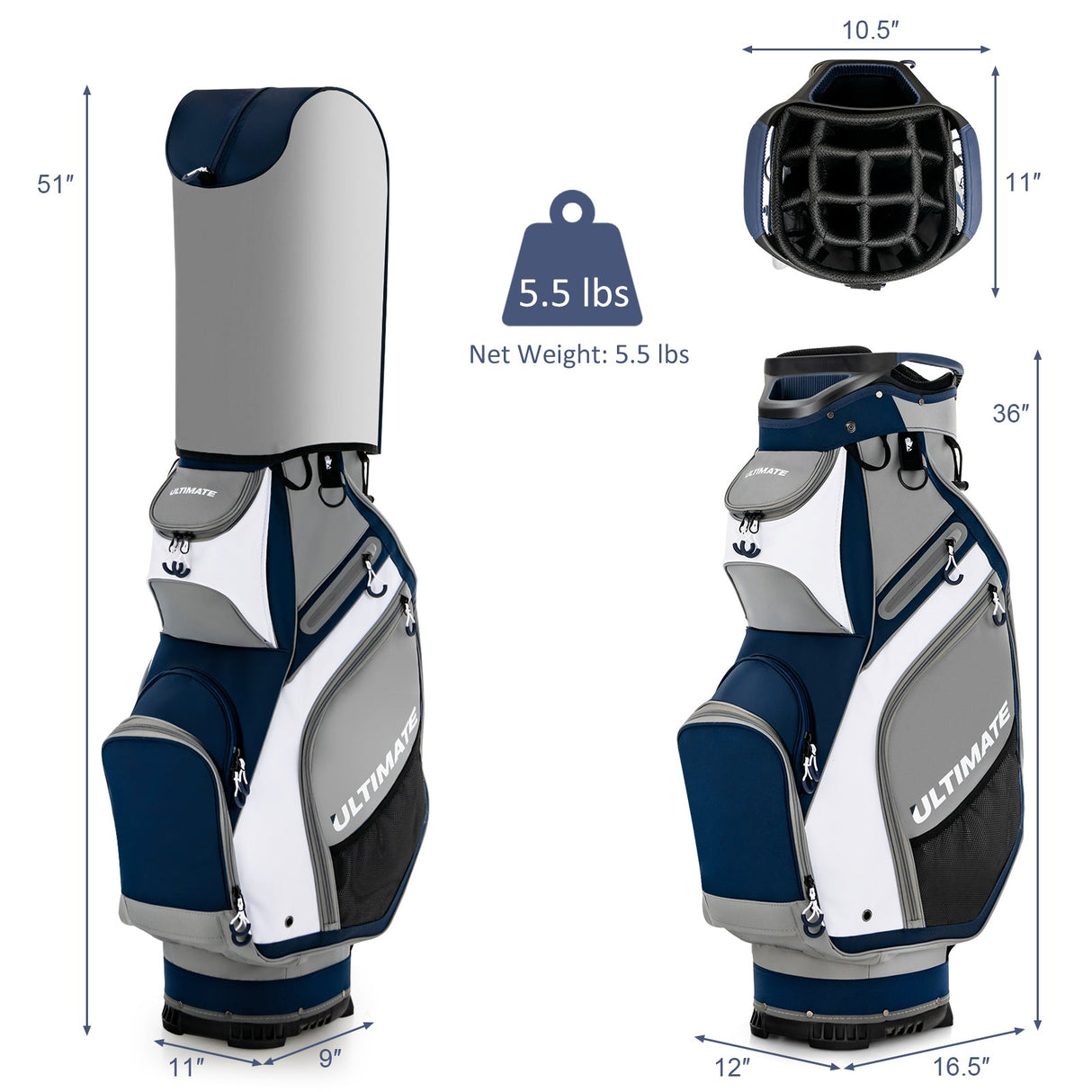 Bolsa de golf de 10.5 pulgadas con 14 divisiones y 7 bolsillos con cremallera
