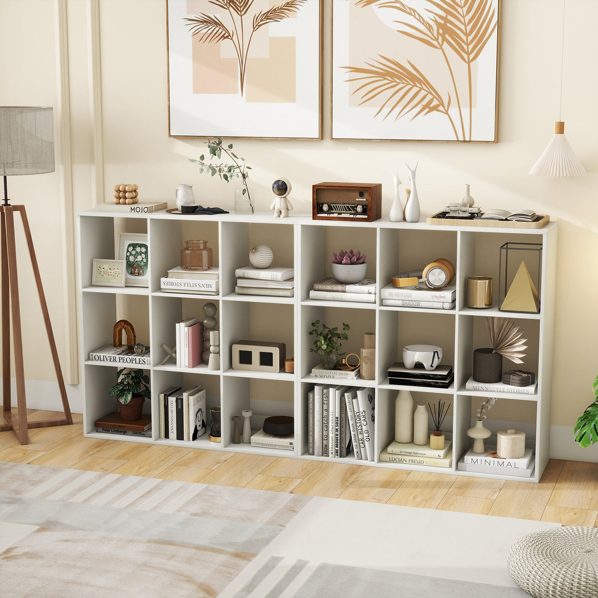 Estantería de 9 cubos con riel trasero de protección para sala de estar o dormitorio - Blanco