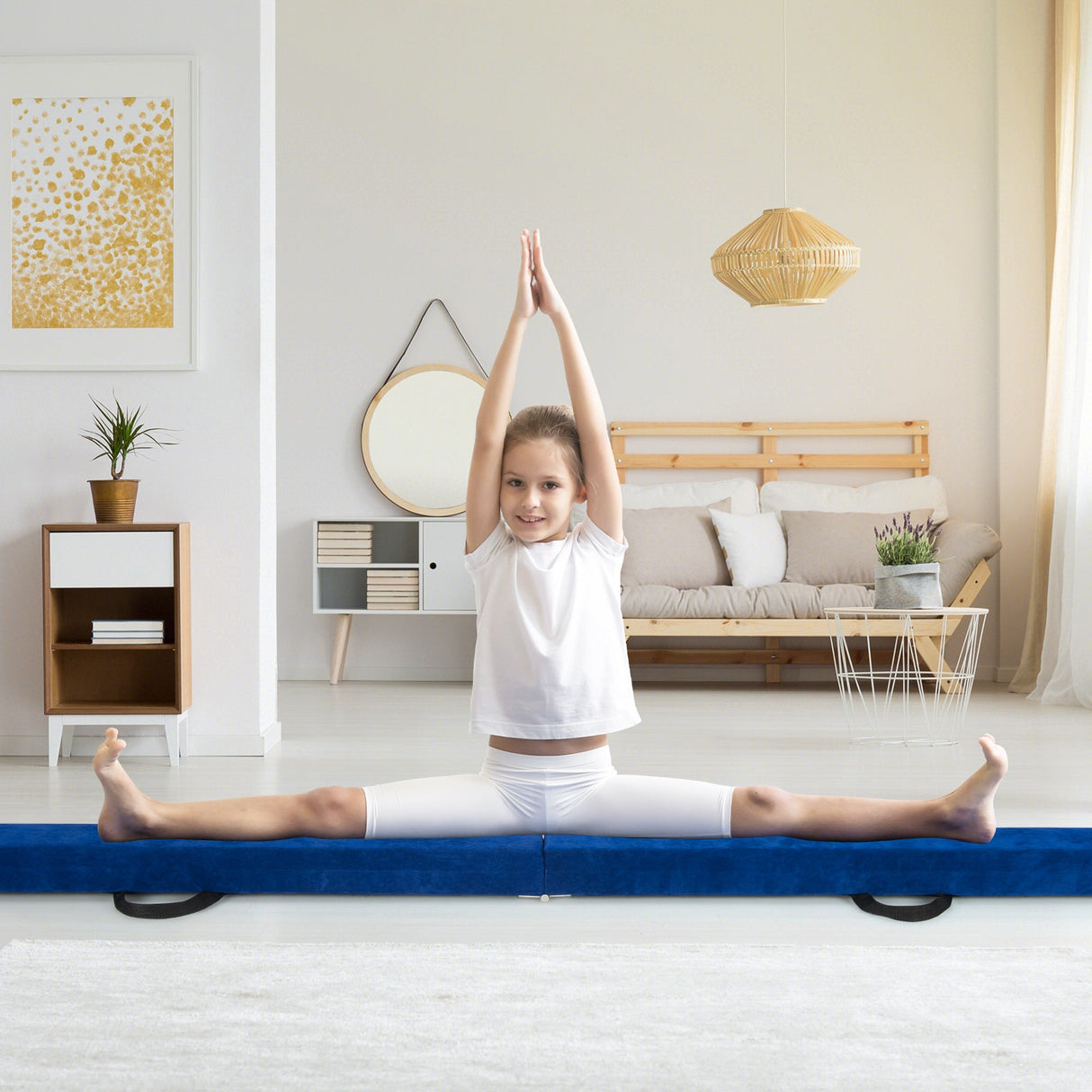 Barra de equilibrio de gimnasia plegable de 2.74 m con base antideslizante y marco de madera de pino