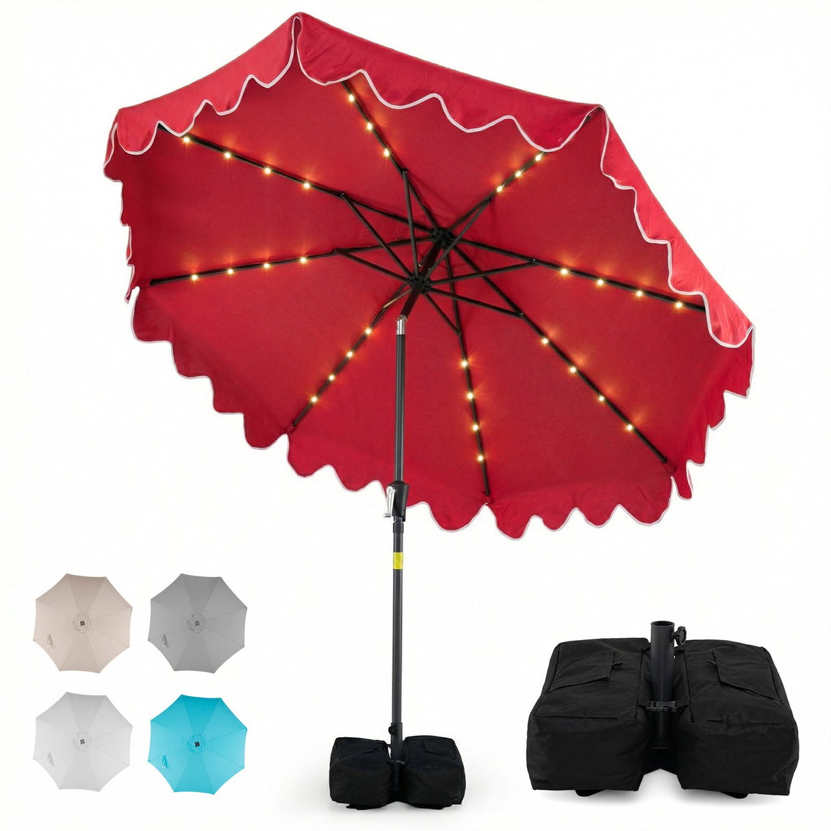 9 FT Outdoor Patio Umbrella with Solar LED Lights and Weighted Base