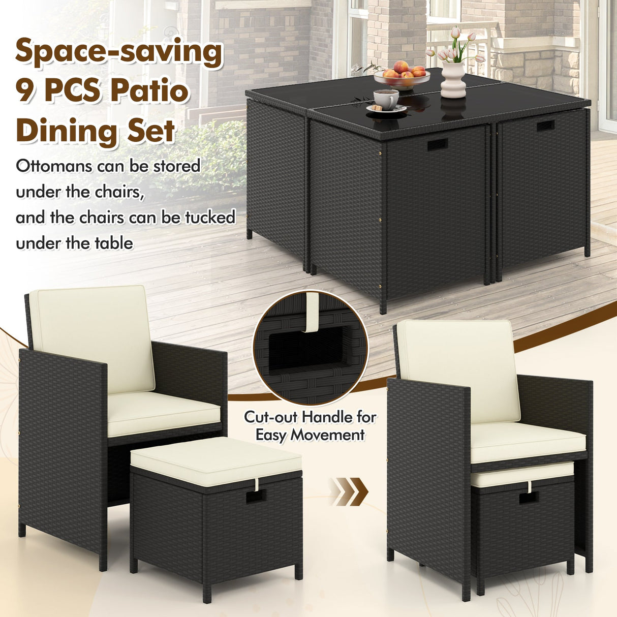 Juego de Muebles de Comedor para Exteriores de 9 Piezas con Mesa de Vidrio Templado y Otomanas-Blanco