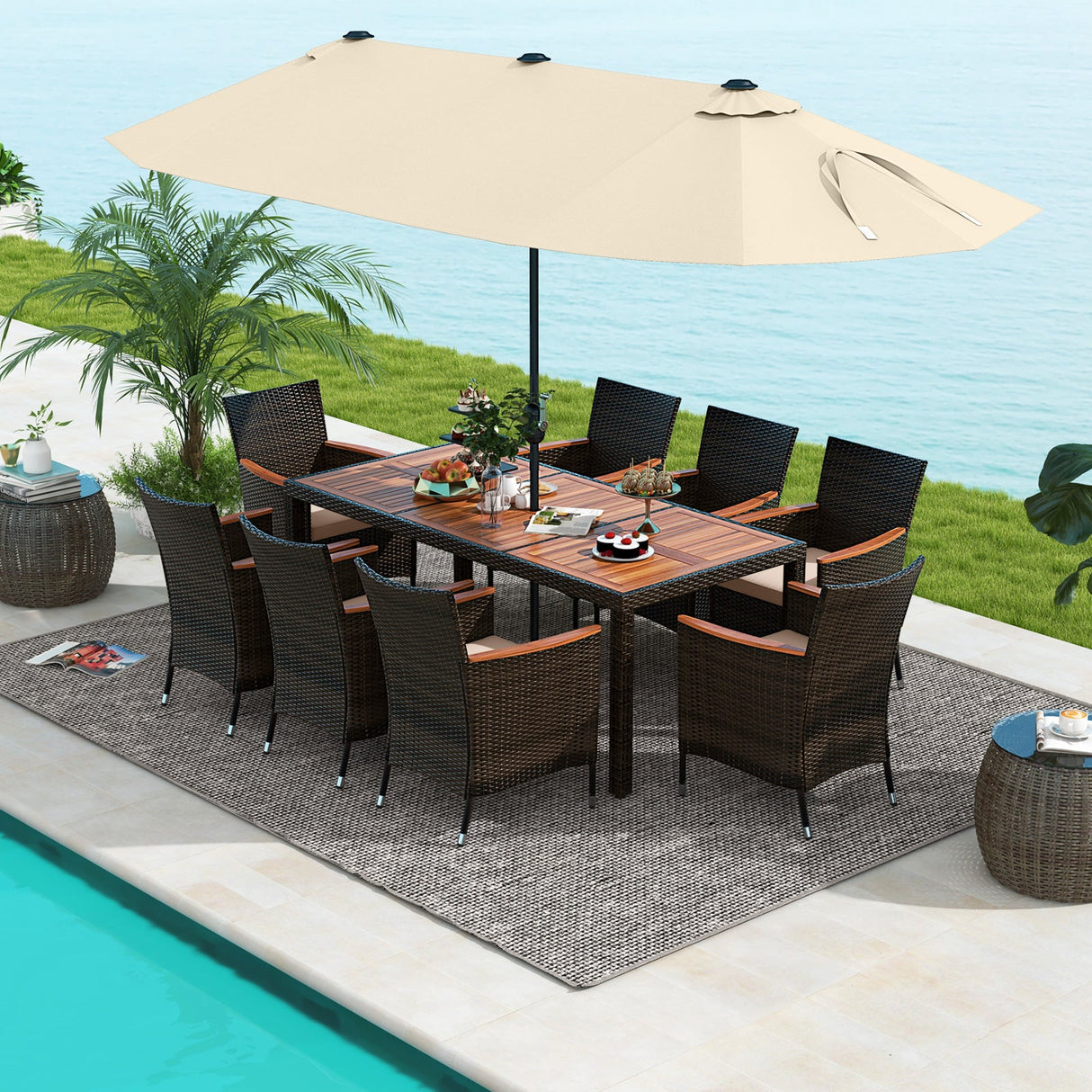 Juego de comedor para exteriores de 10 piezas con sombrilla doble de patio de 4.5 metros