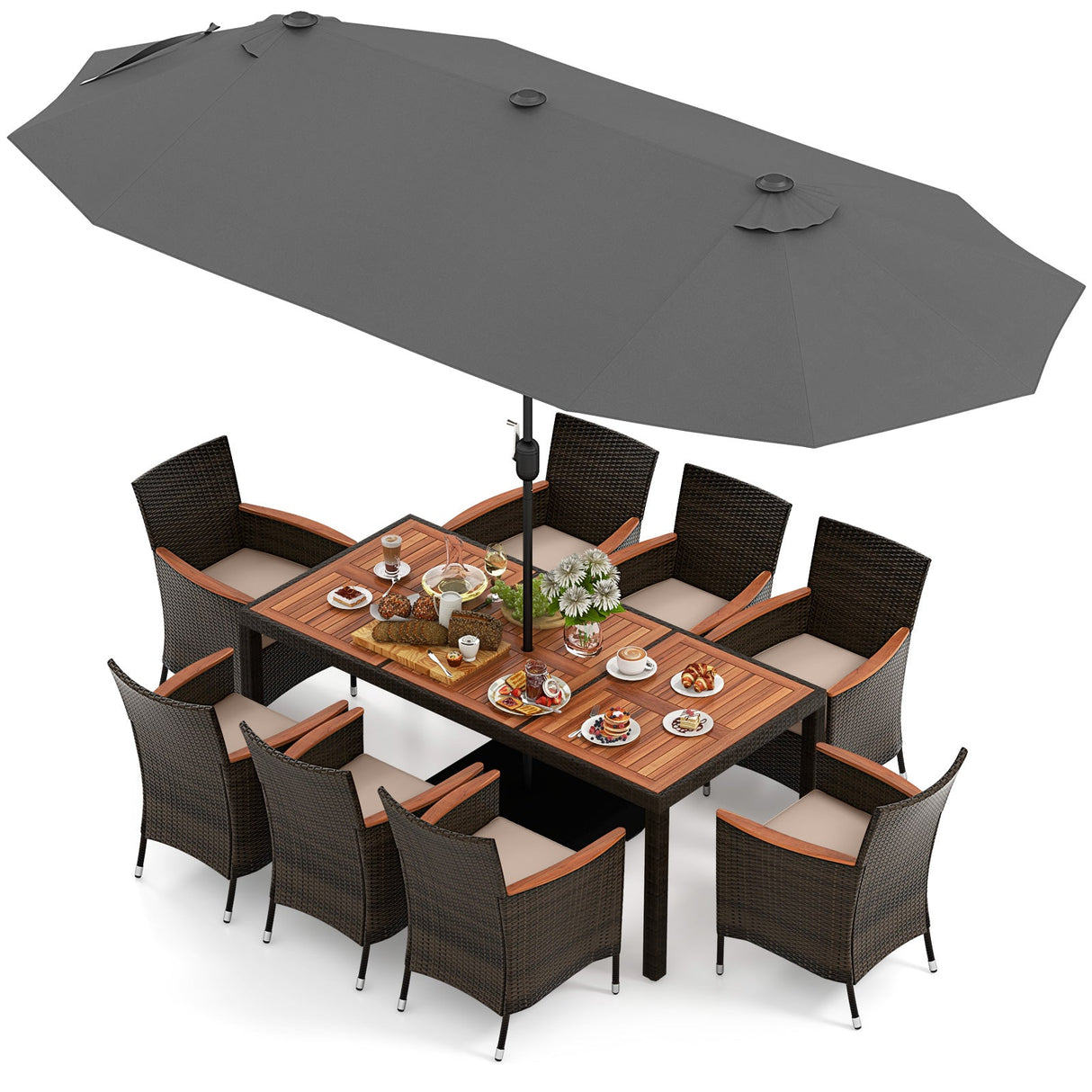 Juego de comedor para exteriores de 10 piezas con sombrilla doble de patio de 4.5 metros