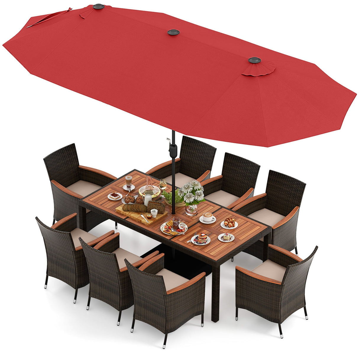 Juego de comedor para exteriores de 10 piezas con sombrilla doble de patio de 4.5 metros