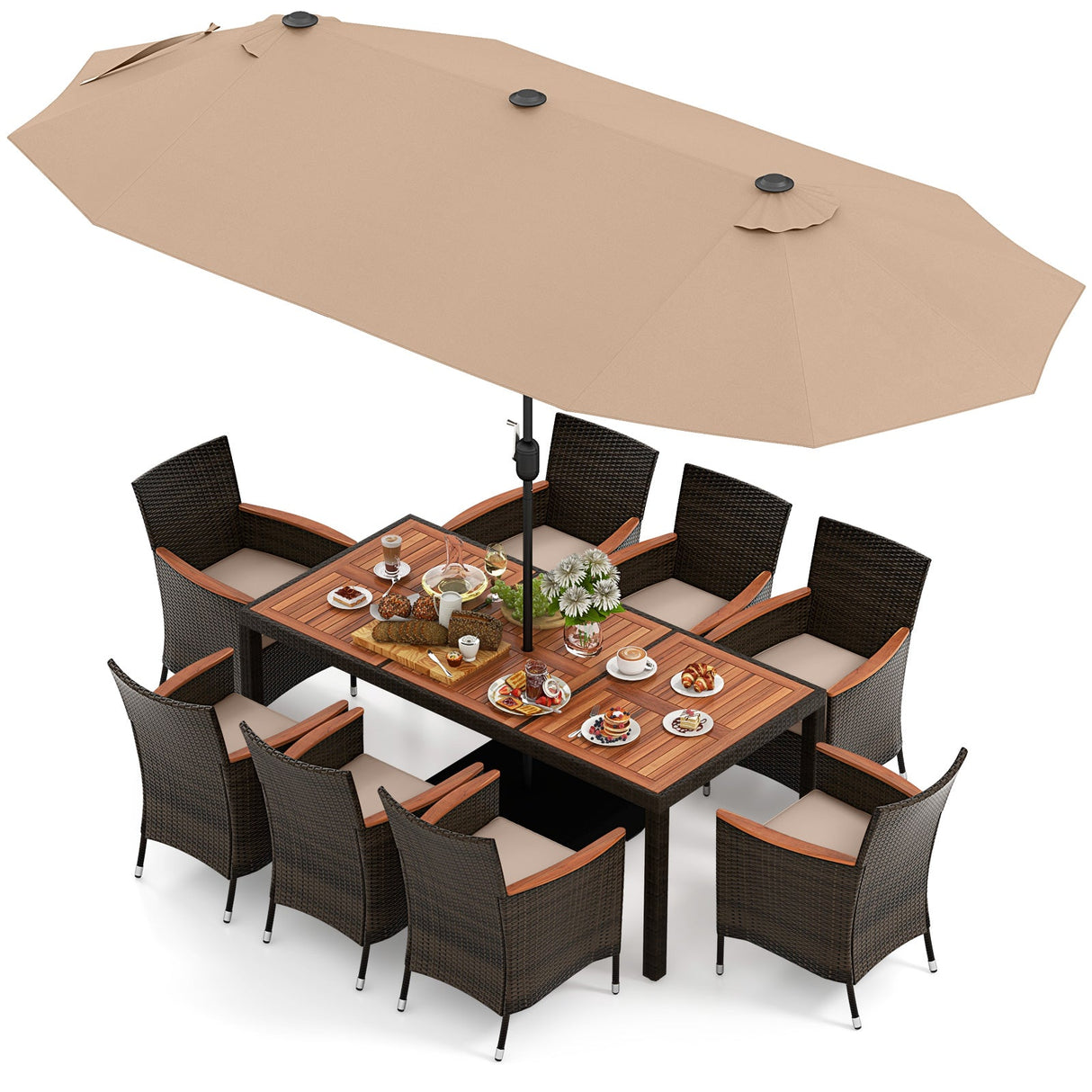Juego de comedor para exteriores de 10 piezas con sombrilla doble de patio de 4.5 metros