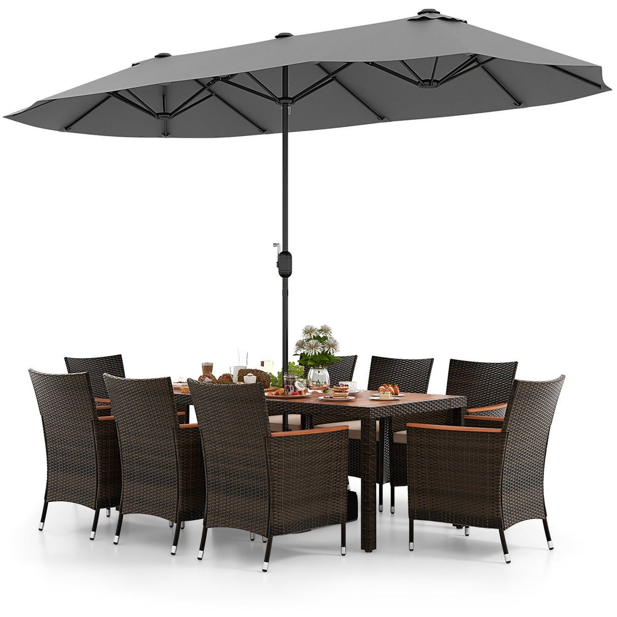 Juego de comedor para exteriores de 10 piezas con sombrilla doble de patio de 4.5 metros