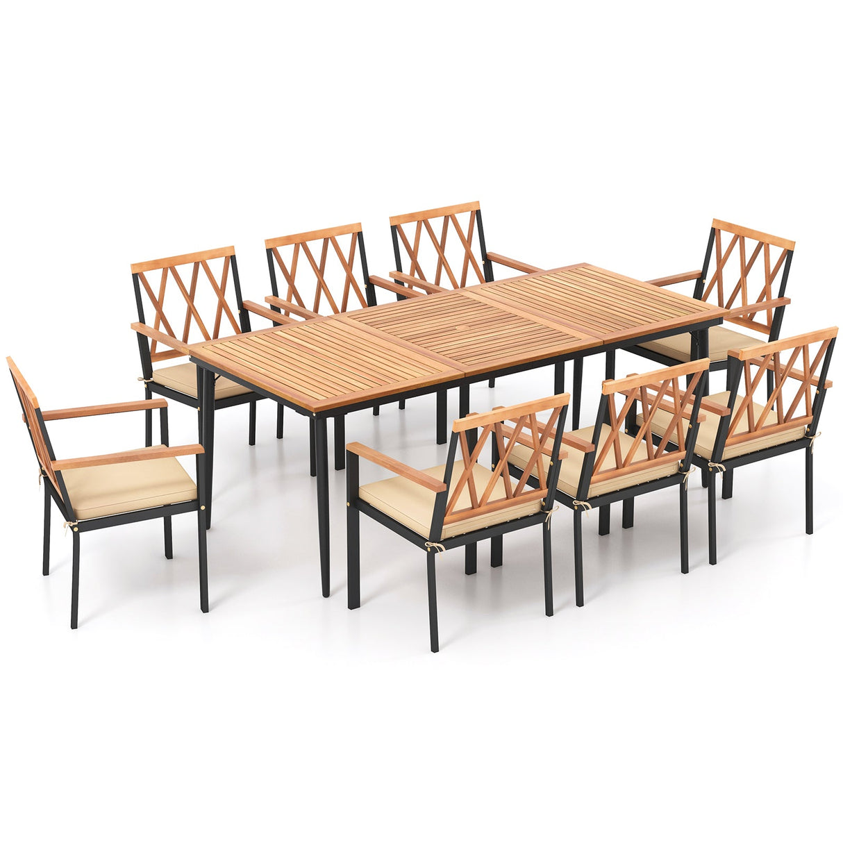 Juego de comedor de patio de 9 piezas con orificio para sombrilla de 1.9 pulgadas y cojines de asiento
