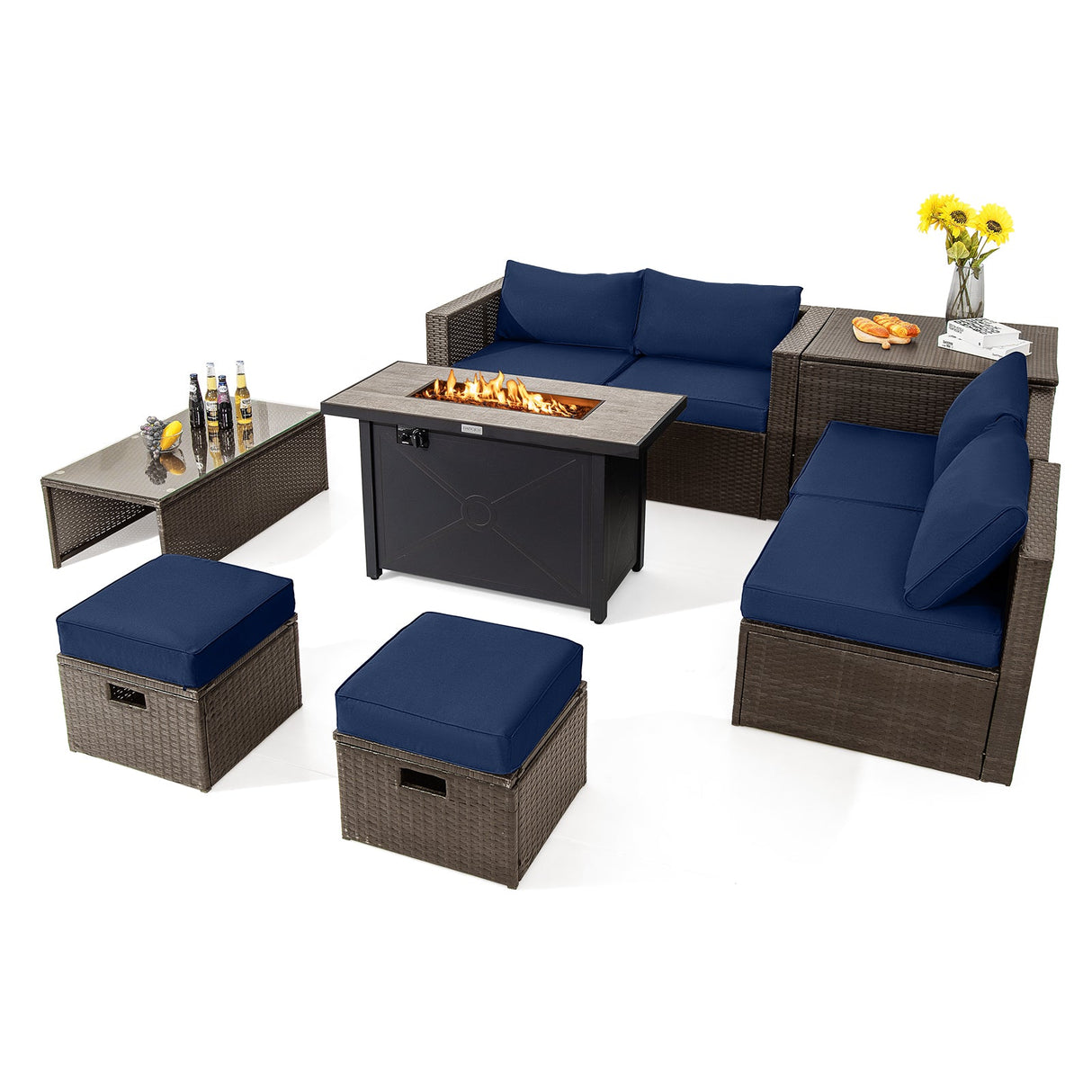 Juego de muebles de patio exterior de 9 piezas con mesa de brasero de propano de 42 pulgadas