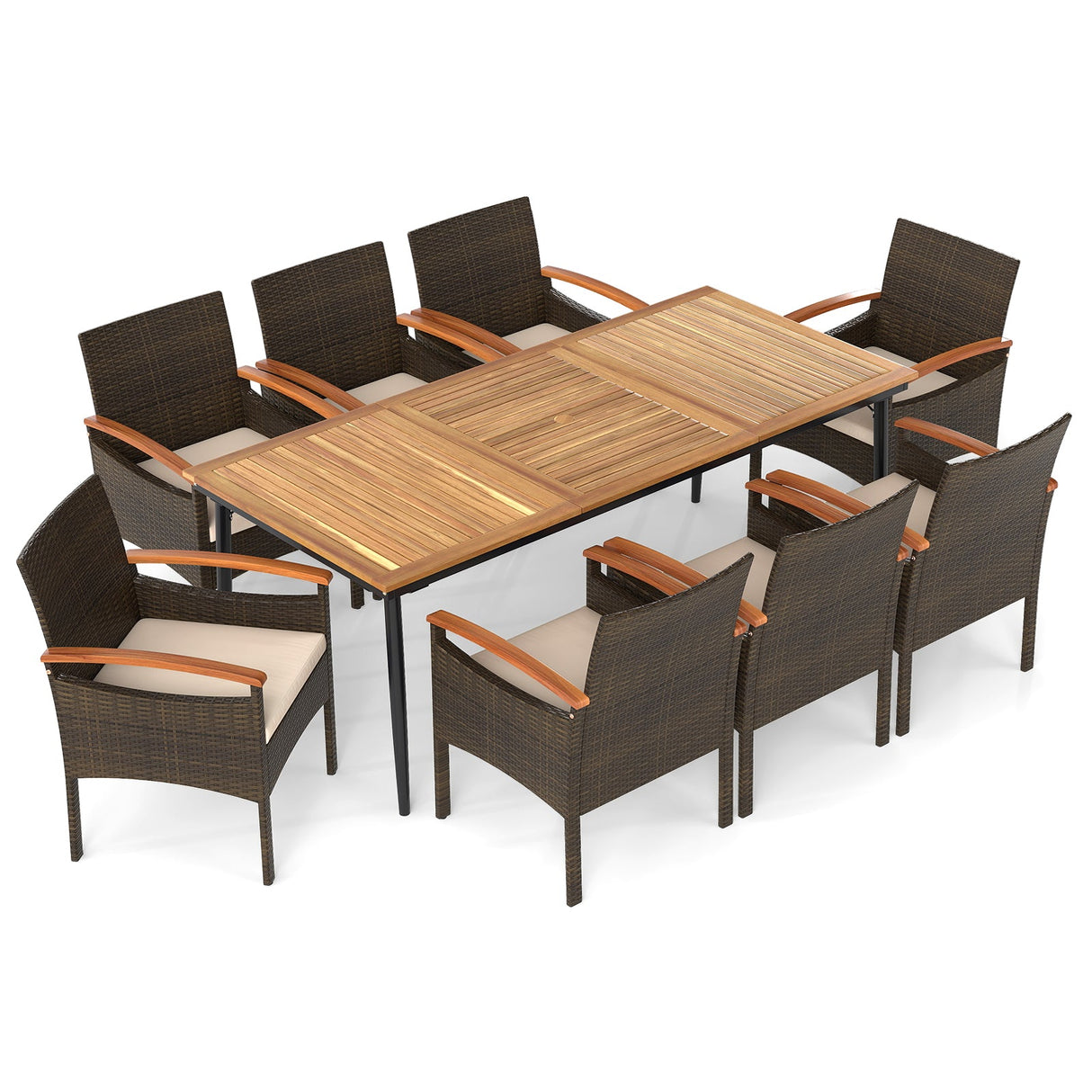 Juego de comedor de mimbre de PE para patio de 9 piezas con cojines y orificio para sombrilla
