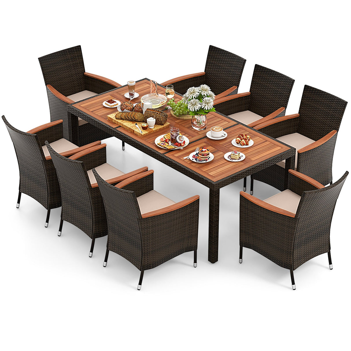 Juego de comedor de exterior de 9 piezas con orificio para sombrilla