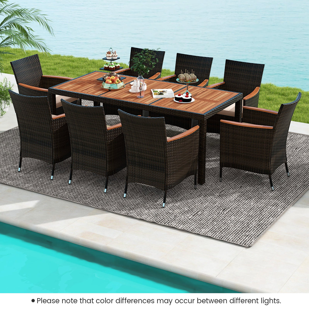 Juego de comedor de exterior de 9 piezas con orificio para sombrilla