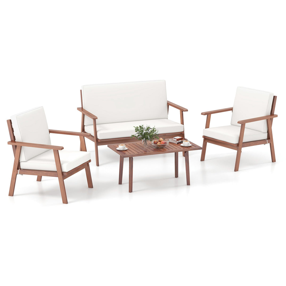 Juego de conversación de madera de acacia de 4 piezas para exteriores con cojines suaves en asiento y respaldo