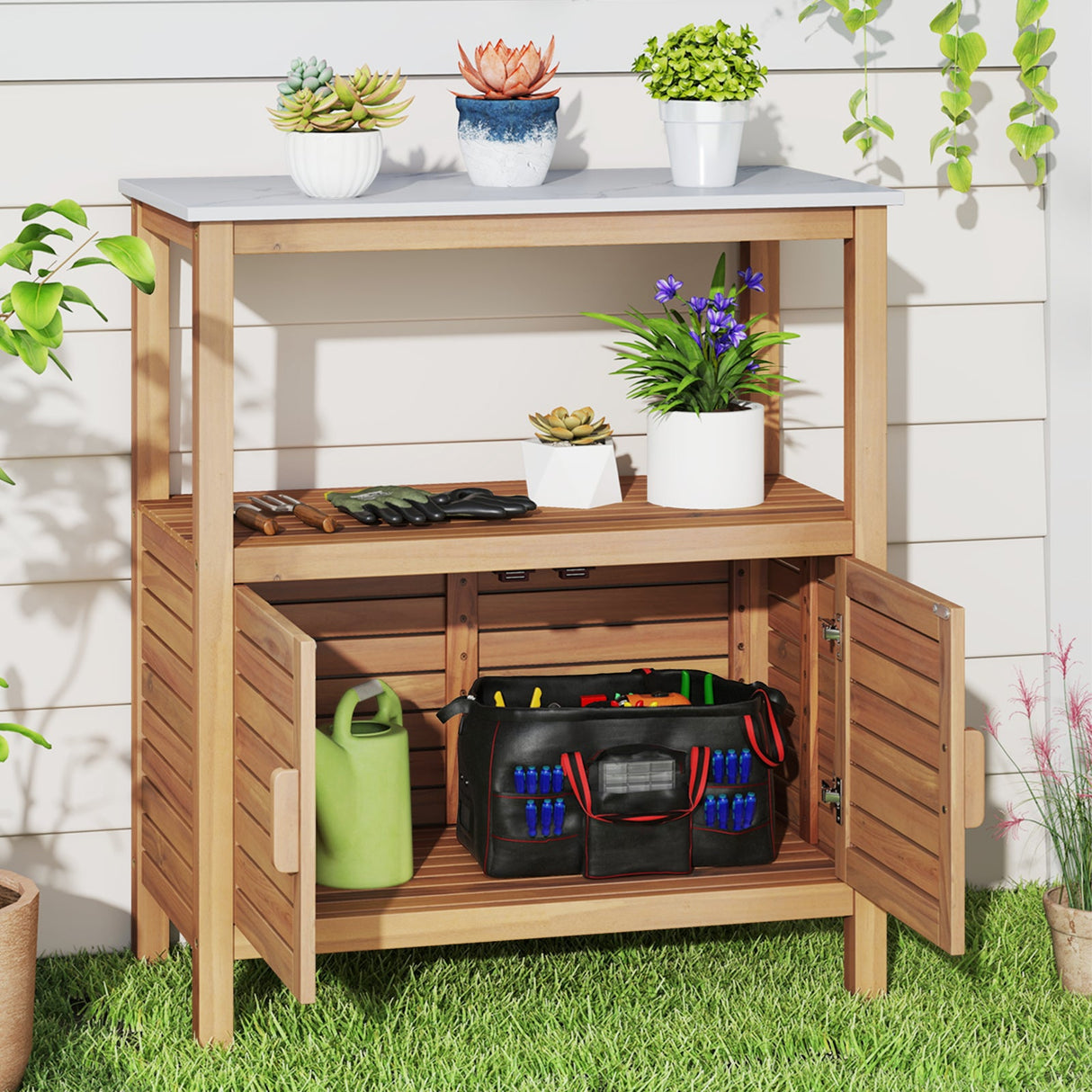 Mesa de trabajo para macetas de exterior de madera de acacia, mesa de jardinería, estación de banco de trabajo para plantar con puertas persianas