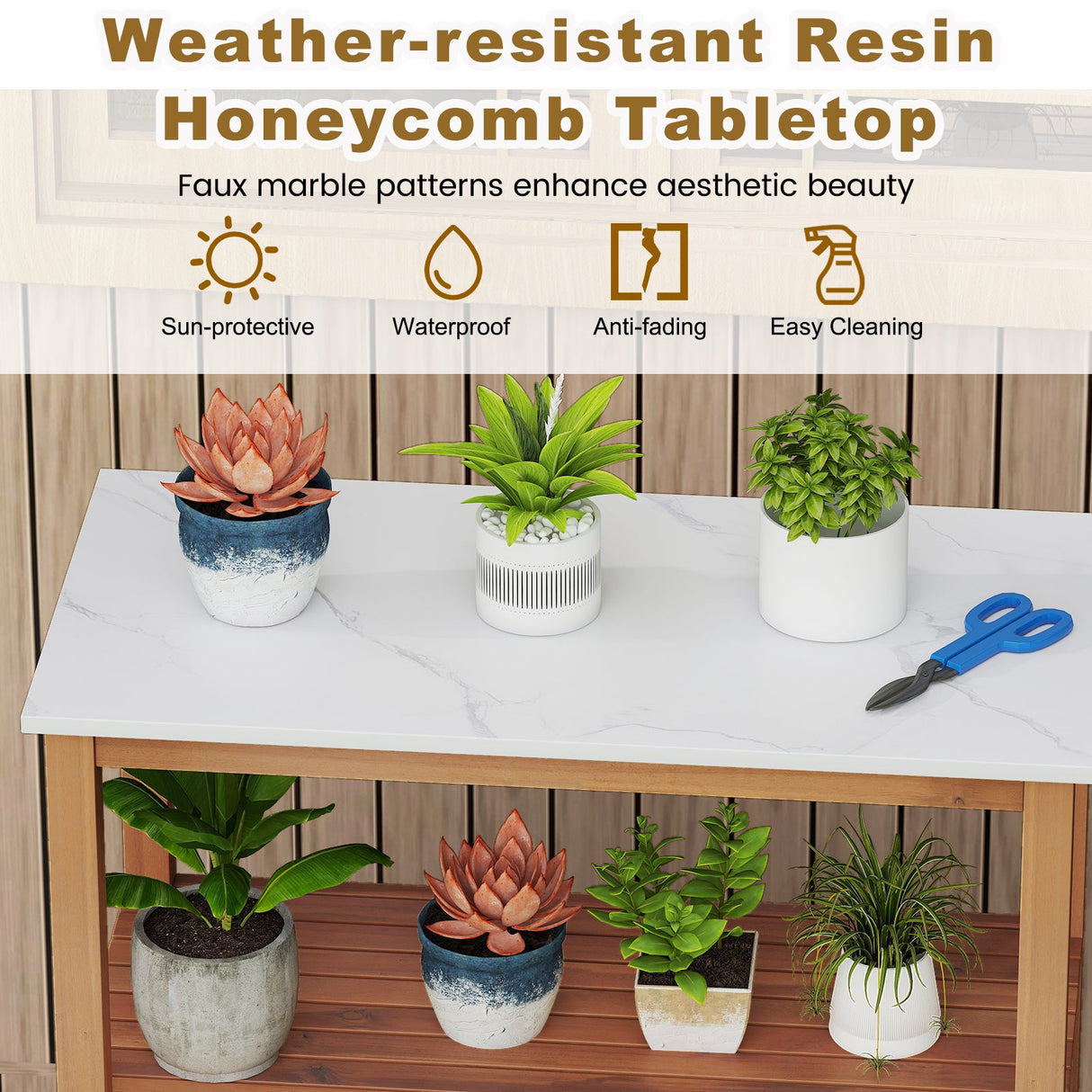 Mesa de trabajo para macetas de exterior de madera de acacia, mesa de jardinería, estación de banco de trabajo para plantar con puertas persianas