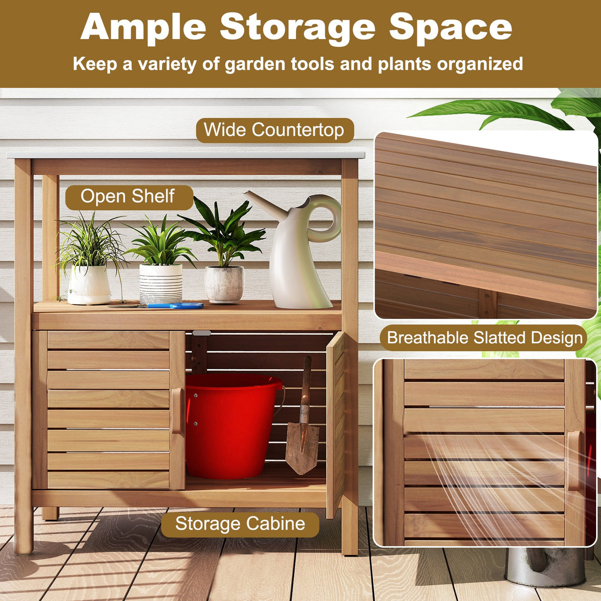 Mesa de trabajo para macetas de exterior de madera de acacia, mesa de jardinería, estación de banco de trabajo para plantar con puertas persianas