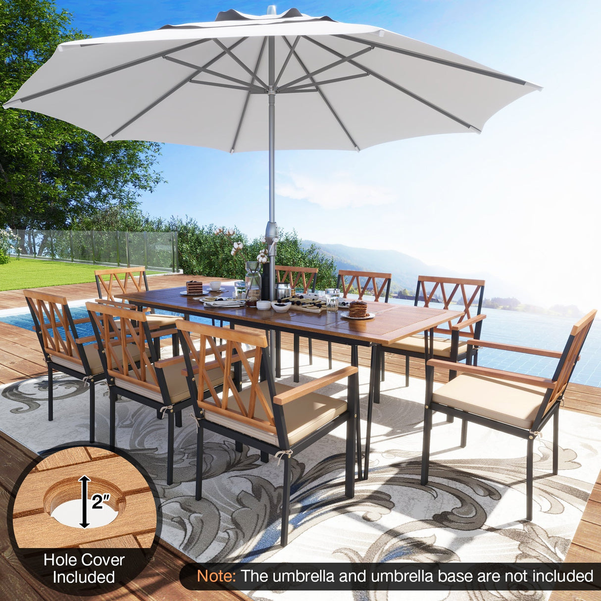 Juego de muebles de exterior de madera de acacia, juego de comedor de patio de 9 piezas con 8 sillas