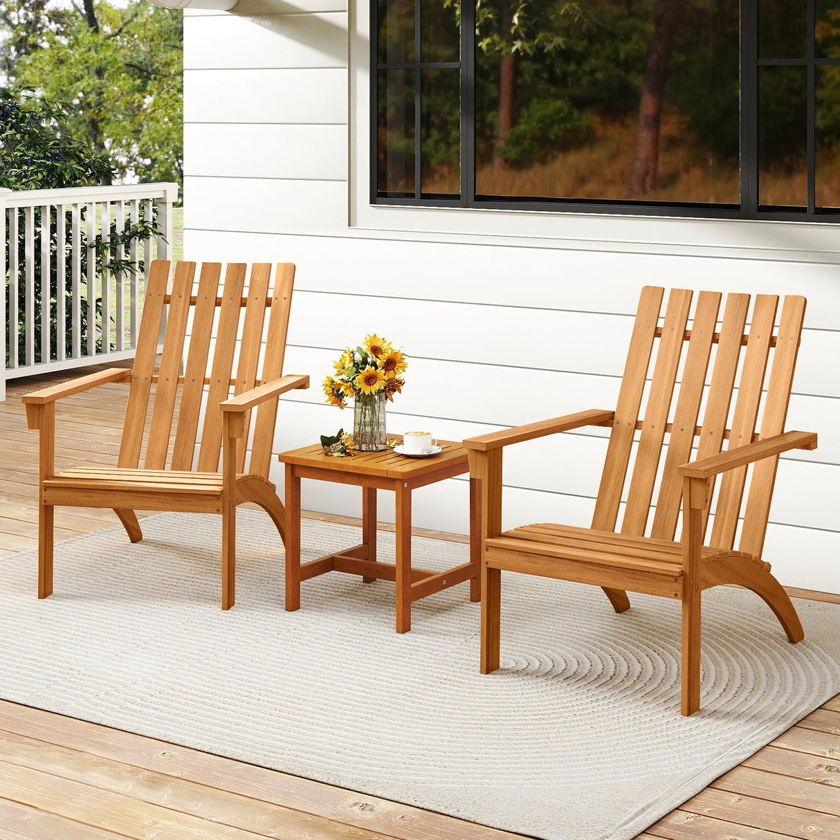 Silla de patio Adirondack de madera de acacia con asiento inclinado y respaldo alto para porche-Natural