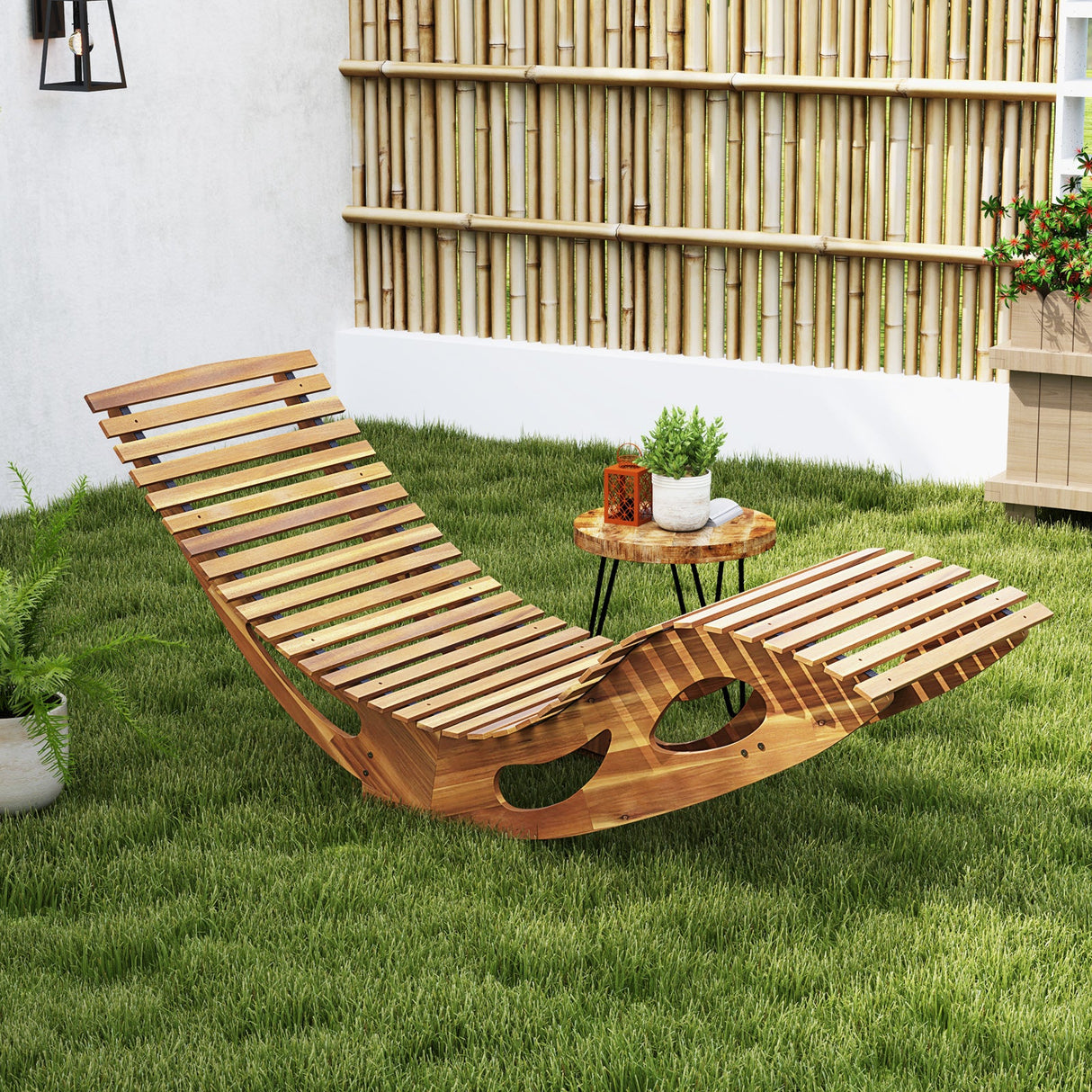 Tumbona reclinable de acacia para patio con asiento ergonómico curvado