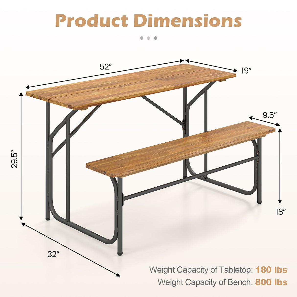 Banco de mesa de patio de madera de acacia para 2 personas, mesa de picnic de un lado