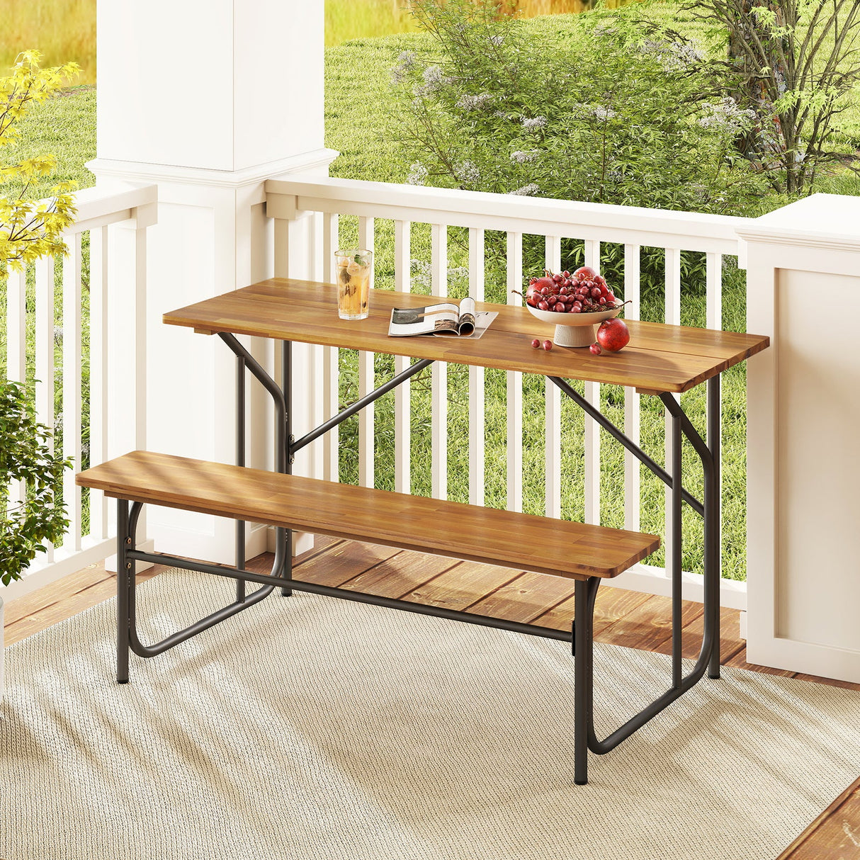 Banco de mesa de patio de madera de acacia para 2 personas, mesa de picnic de un lado
