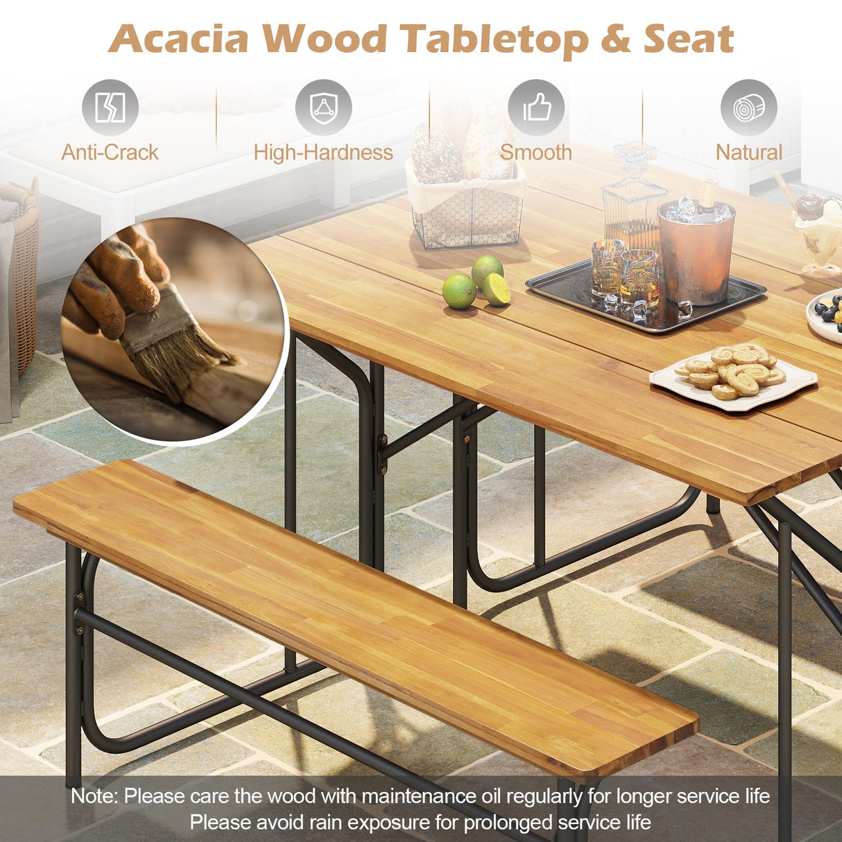 Banco de mesa de patio de madera de acacia para 2 personas, mesa de picnic de un lado