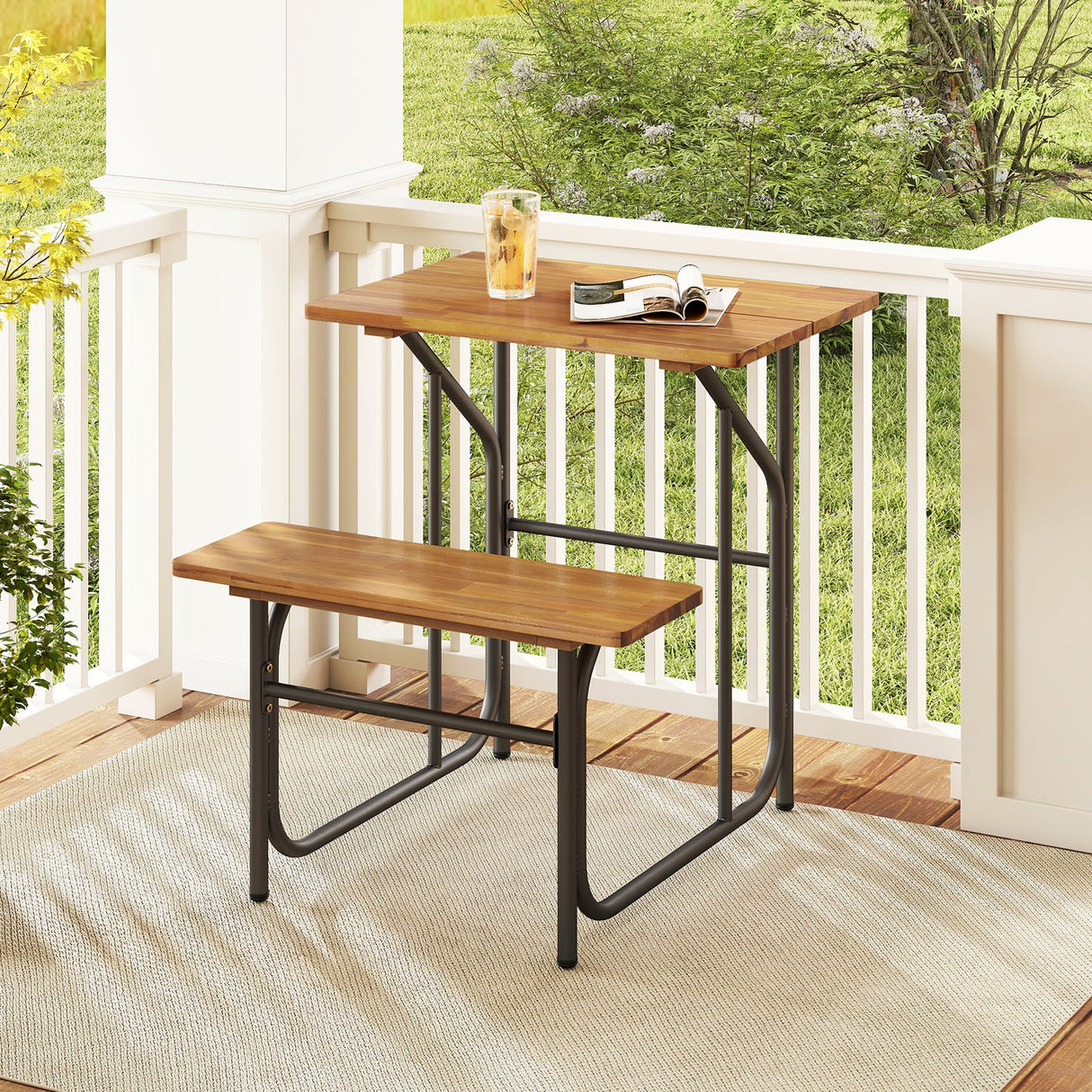 Conjunto de mesa y banco de patio de madera de acacia, mesa de picnic y asiento de un lado