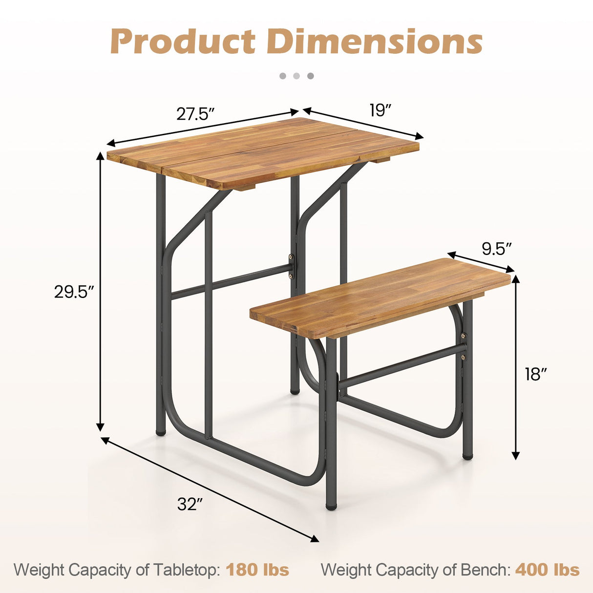 Conjunto de mesa y banco de patio de madera de acacia, mesa de picnic y asiento de un lado