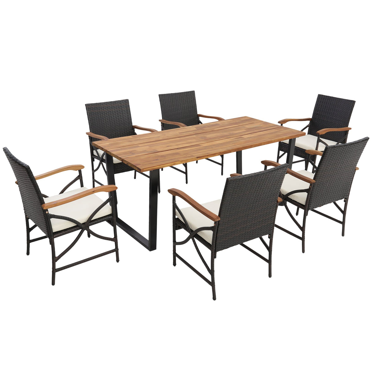 Juego de comedor de ratán para patio de 7 piezas con orificio para sombrilla-L