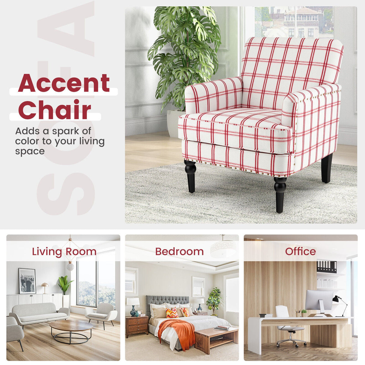 Sillón Moderno Tapizado Acolchado con Patas de Madera de Caucho