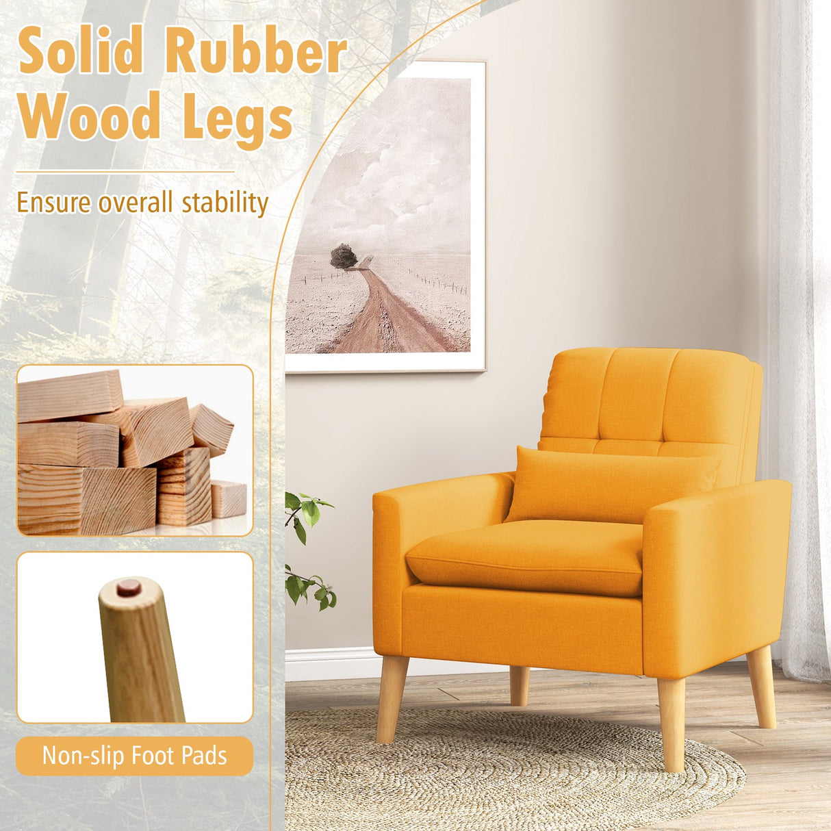 Sillón auxiliar con cojín lumbar, patas de madera de caucho natural y cojines acolchados