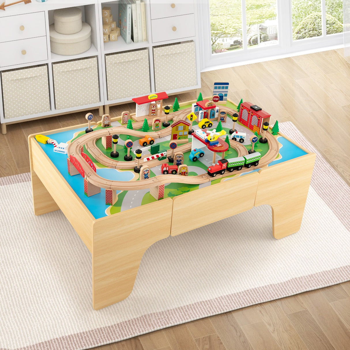 Juego de tren de madera de 84 piezas con mesa reversible y desmontable