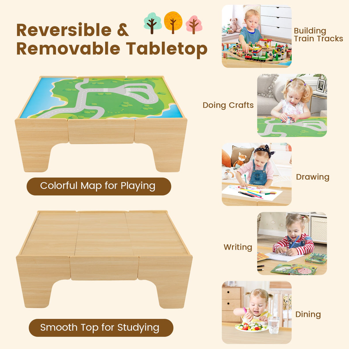 Juego de tren de madera de 84 piezas con mesa reversible y desmontable