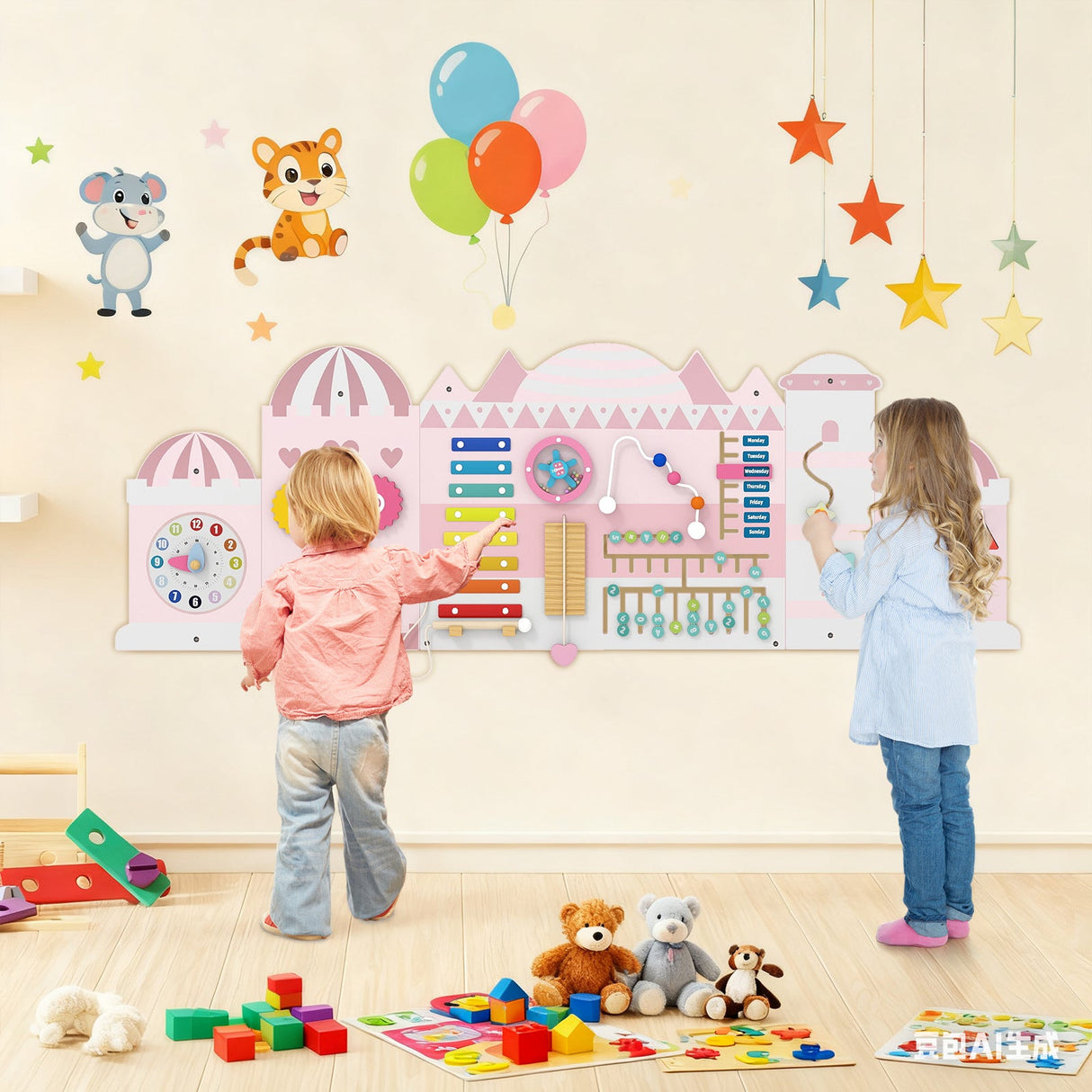 Paneles de tablero de actividades sensoriales de madera para niños pequeños - Rosa