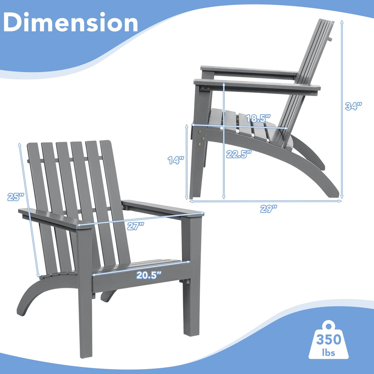 Sillón de jardín Adirondack de madera de acacia resistente para exteriores