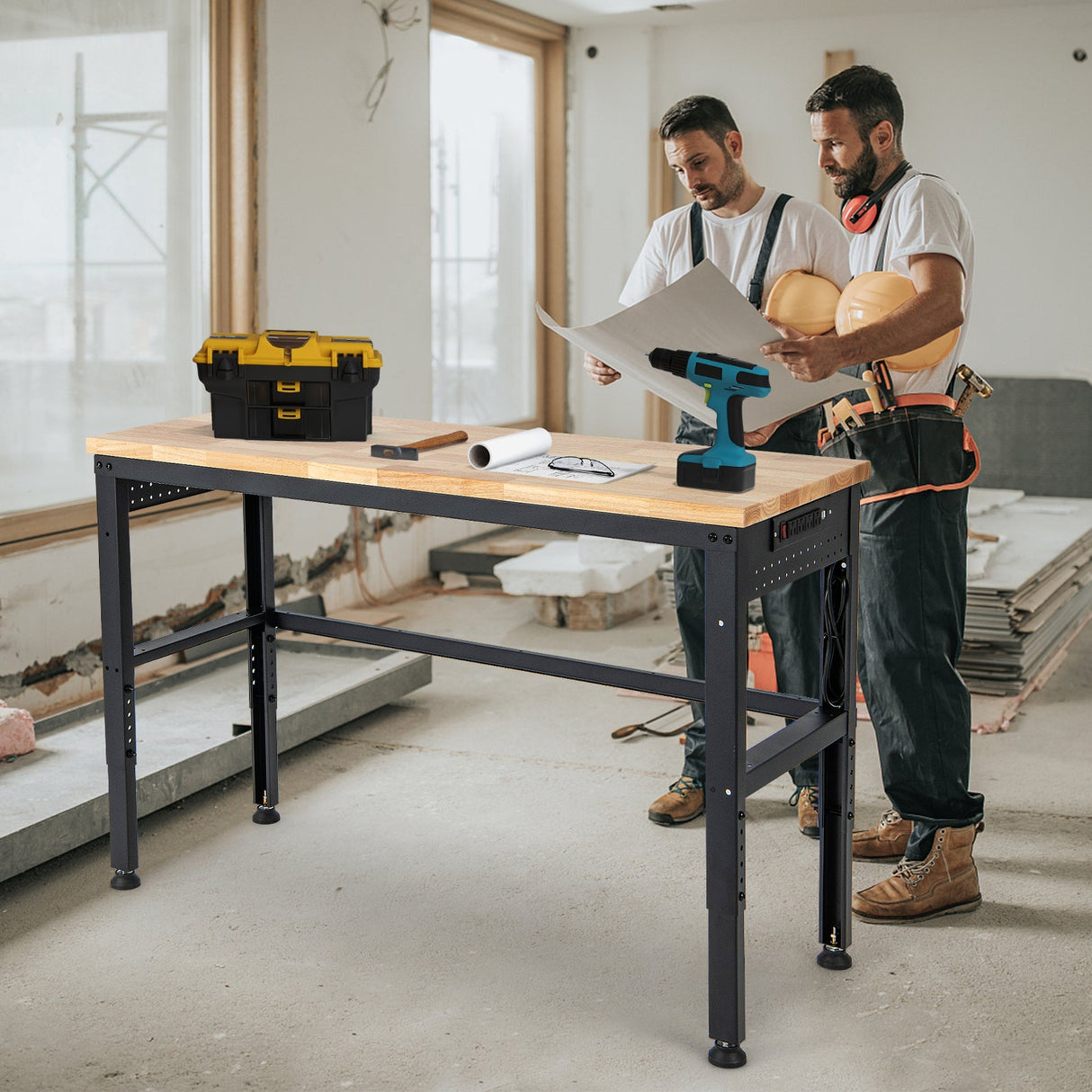 Banco de trabajo resistente ajustable de 53 pulgadas con tapa de madera de caucho