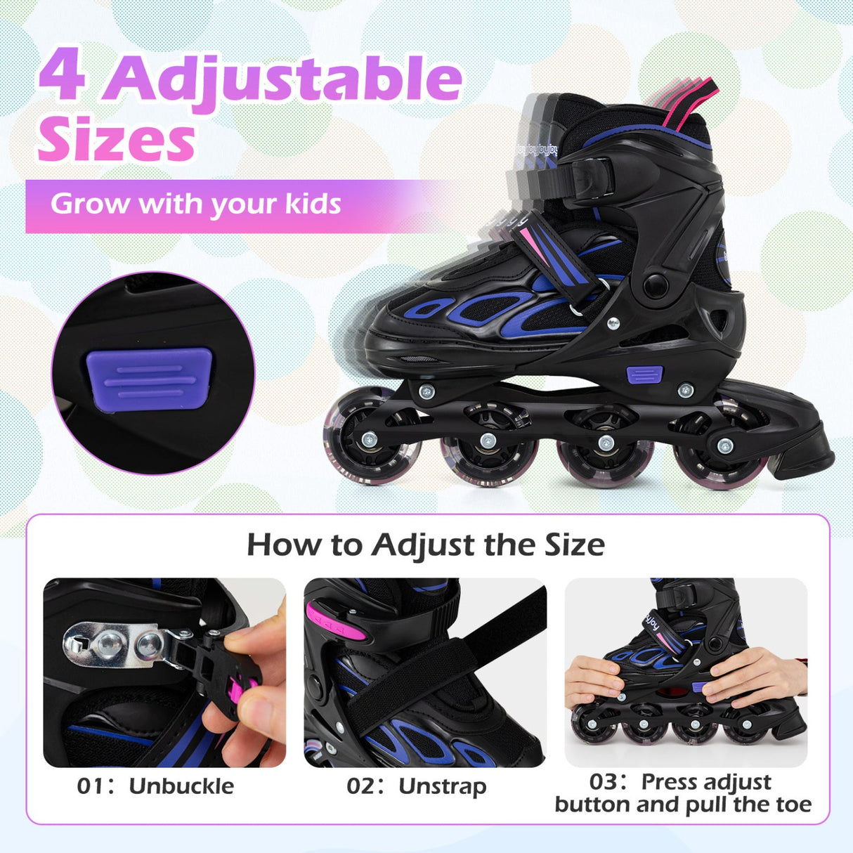 Patines en línea ajustables para niños - 4 tallas - Patín de cuchilla ajustable