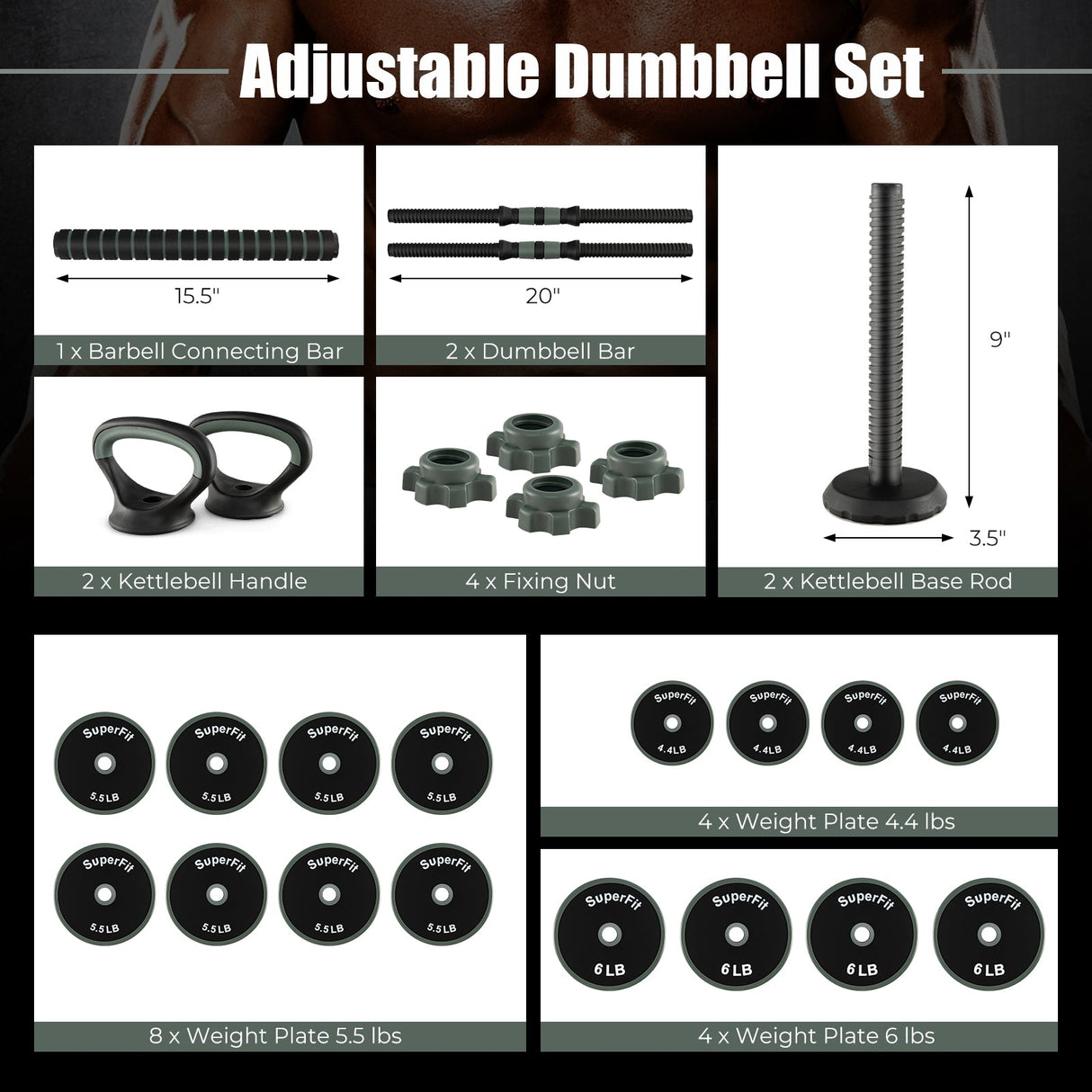 Juego de mancuernas de peso ajustable 4 en 1 - Negro