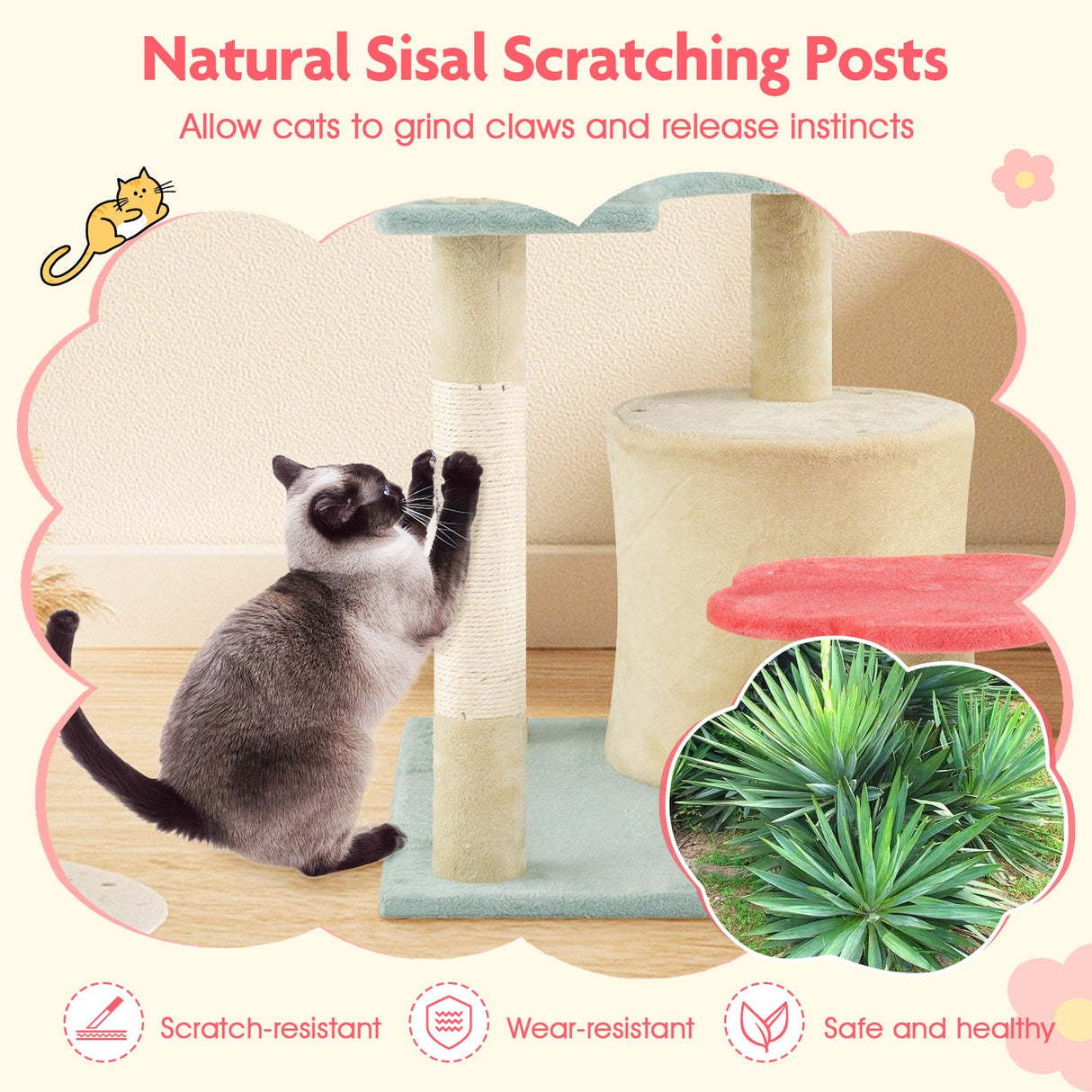 Torre para gatitos estética de varios niveles de 49 pulgadas de alto con diseño floral y percha acolchada de felpa en forma de flor - multicolor