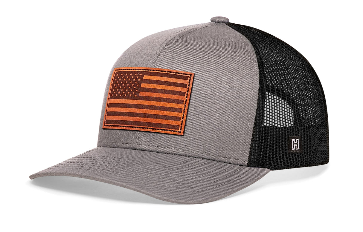 American Flag Trucker Hat Leather | Gray-Black USA Snapback
