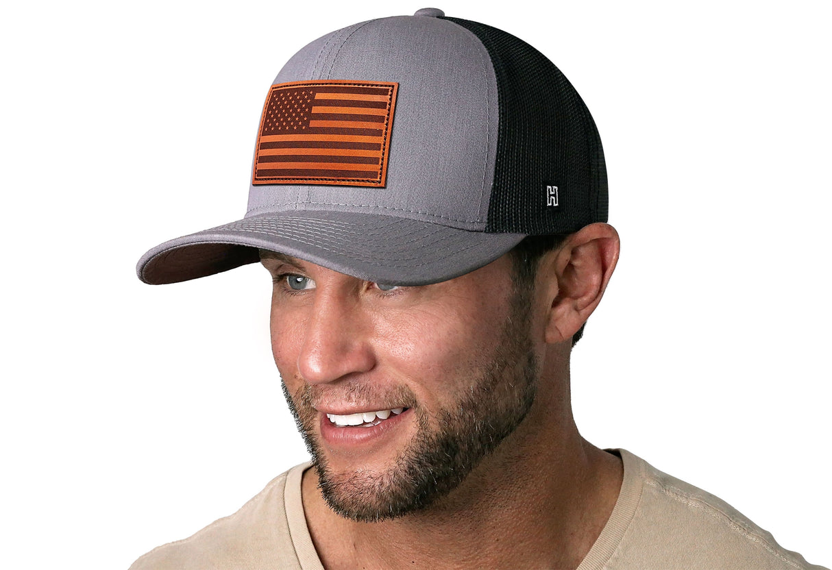 American Flag Trucker Hat Leather | Gray-Black USA Snapback