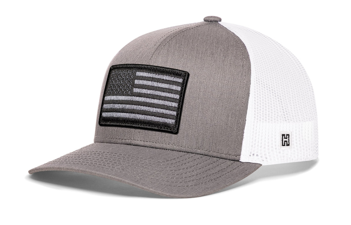 American Flag Trucker Hat | Gray-White USA Tactical Snapback