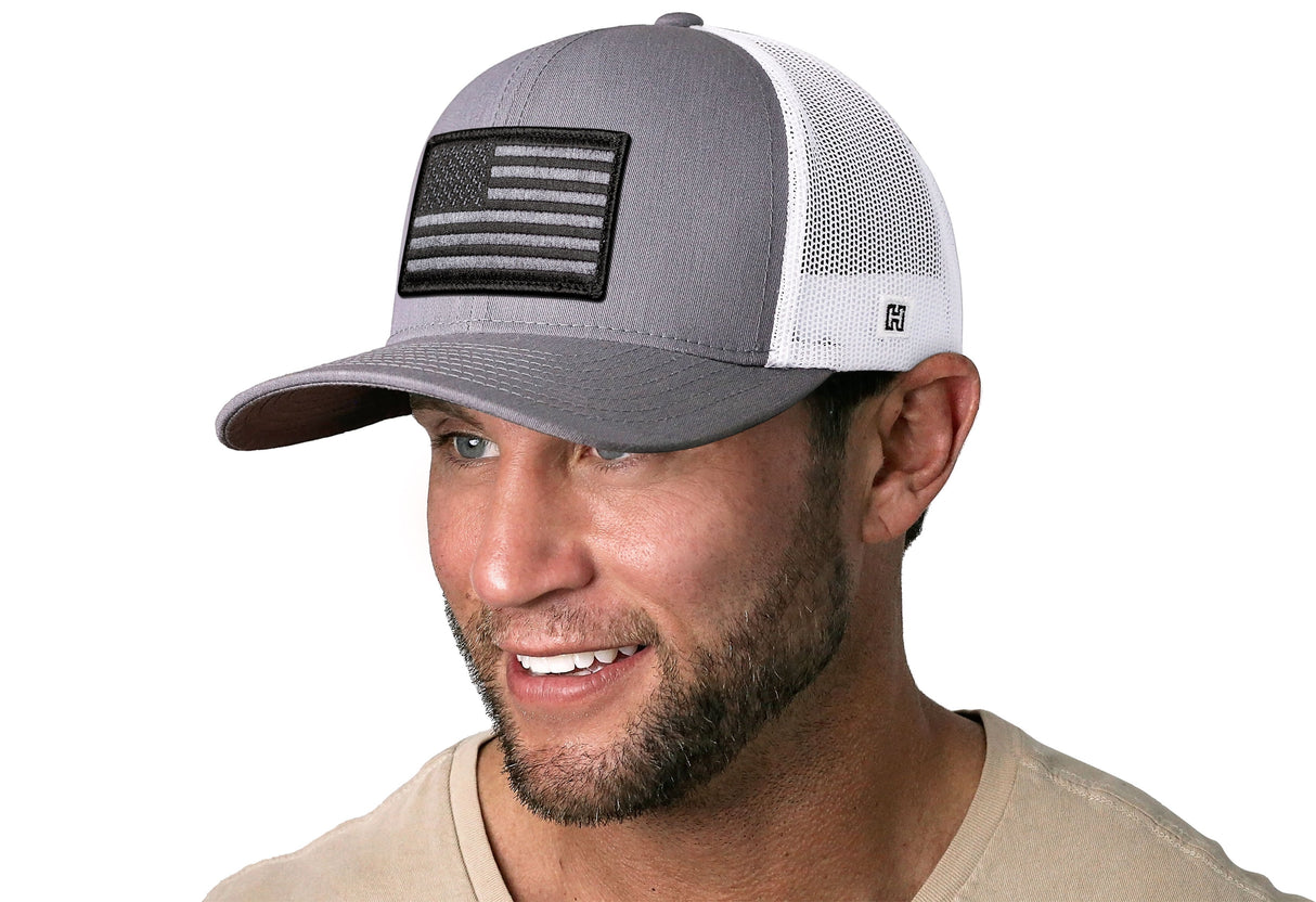 American Flag Trucker Hat | Gray-White USA Tactical Snapback